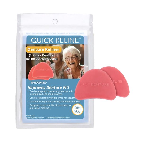 Quick Reline (Boil & Fit) Denture Reliner Kit; For Use with Full or Partial Denture, 2 Denture Reline pucks included with each kit, Remold and adjust mulitple times, Zinc-free, No More Loose Dentures!