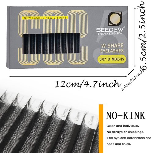SEEDEW 5D Lash Extensions, 0.07mm D Curl MIX8-15mm 12 Rows/Tray, W Shape Flat Stem, Korean PBT Volume Eyelash Grafting for Beginner Artist, Lash Tech, Beauty Salon(5D-Matte Black-0.07-D-MIX8-15mm)