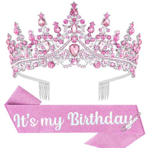 Araluky Pink Birthday Crown Adult Woman & Glitter It's My Birthday Sash for Women Birthday Tiara for Women Princess Tiara Birthday Hat Birthday Headband for Parties Favors Pink Birthday Decorations