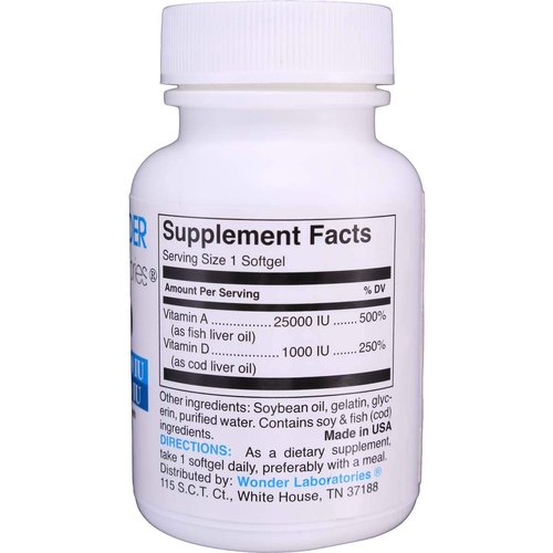 Wonder Laboratories Vitamin a 25,000 IU from Cod Liver Fish Oil + Vitamin D3 1,000 IU