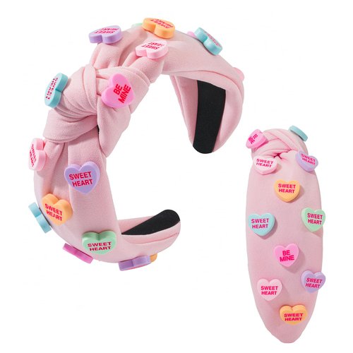 Valentine's Day Heart Candy Embellished Pink Headband Conversation Love Heart Charm Knotted Headband Non Slip Wide Top Knot Fashion Hairband Hair Accessories Party Gift for Women (pink)