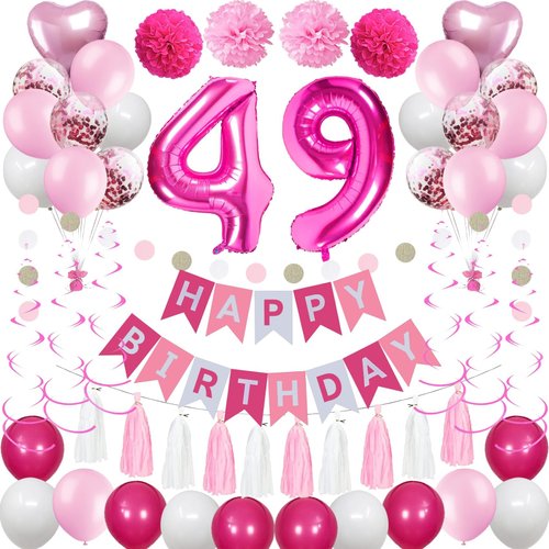 Sweet 49th Birthday Decorations for Women, Pink and White 49 Happy Birthday Balloons,49th Birthday Party Supplies Including Pink Happy Birthday Banner, Hot Pink Number 49 Foil Balloons
