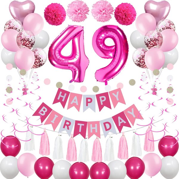 Sweet 49th Birthday Decorations for Women, Pink and White 49 Happy Birthday Balloons,49th Birthday Party Supplies Including Pink Happy Birthday Banner, Hot Pink Number 49 Foil Balloons