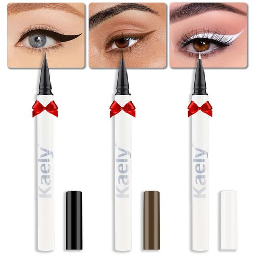 Kaely 3Pcs Black Brown White Liquid Eyeliner Set,Waterproof Smudge Proof Eyeliner Pencil,Matte Winged Eyeliner Stamp,Cat Eye Liner Pen Makeup Stencils,delineador de ojos contra el agua,01+02+03