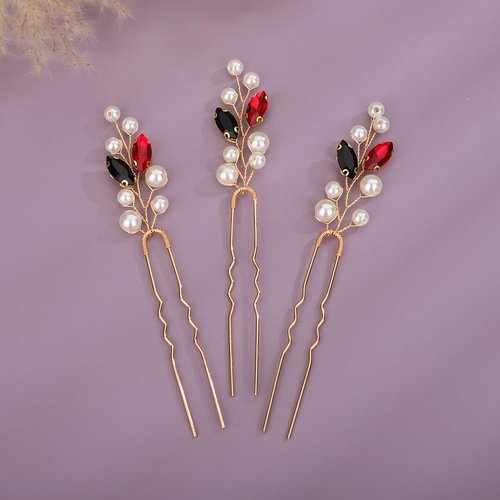 Teyglen 3pcs Pearl Wedding Hair Pins Bridal Crystal Pearl Hair Pins Clips Handmade Blue Red Green...