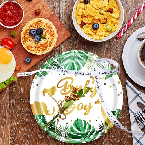 HSPAIDYP 50Pcs 50 Pcs Baby Shower Plates,Safari Animal Jungle Baby Boy Party Supplies,7" Safari Jungle Animals Paper Plates for Jungle Theme Baby Boy Birthday Party Decor
