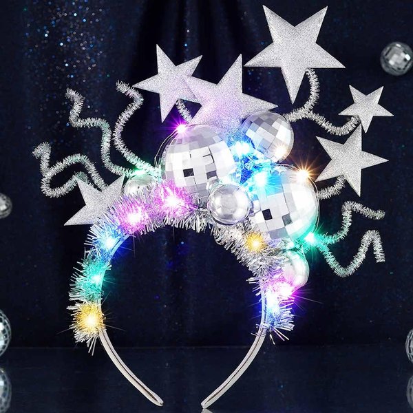 Fashey Light Up Headband Led Disco Ball Headbands Silver Glitter Star Hair Band Party Festival Hair Accessories for Women and Girls