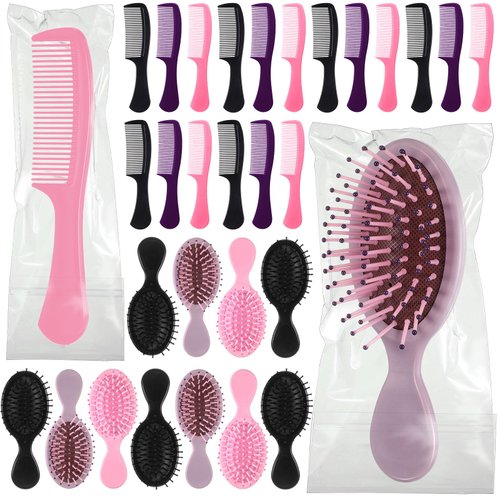 FillTouch 48 Pcs Mini Hair Brush and Combs Set Bulk for Homeless Individually Wrapped Curly Hair Thick Long Smoothing Hair Brush Detangling Brush for Women Men Kids Hotel Nursing Charity(Multicolor)