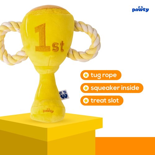 Trophy Interactive Dog Toy - Interactive Snuffle Tug Rope Enrichment Pet Toy - Tough Durable Birthday Gift for Aggressive Chewer Puppy - Cute Squeaker Plush for Teething - Parody Dog Toy