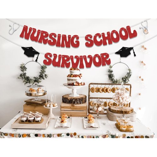 Nursing School Survivor Banner, Congrats Nurse BSN/ RN Grad Party Decorations, 2024 Nurse Medical School Graduation Decor, Congrats Grad Class of 2024 Nursing School Graduation Party Supplies Silver