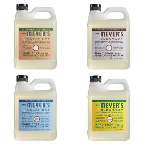 Mrs. Meyers Clean Day Liquid Hand Soap Refill, 1 Pack Geranium, 1 Pack Lavender, 1 Pack Rain Water, 1 Pack Honey Suckle, 33 OZ each