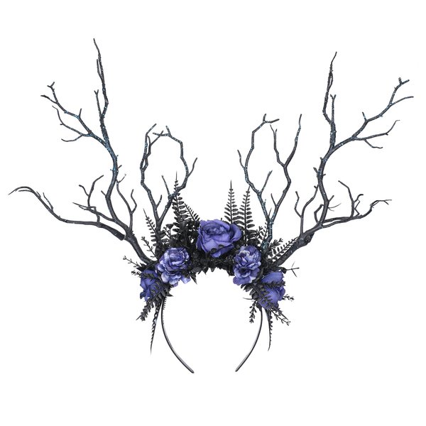MOSTORY Handmade Black Branch Headband Gothic Woodland Antler Headpiece Fairy Forest Flower Crown for Women Girls Renaissance Halloween Elf Cosplay Party Photo Prop Blue