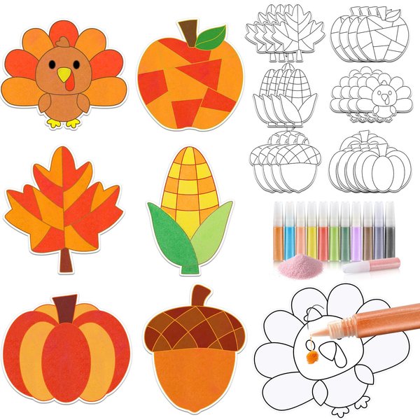 Relaxgiant 24 Sets Thanksgiving Sand Art Craft Kit for Kids Turkey Maple Leaf Pumpkin Fall DIY Sand Painting Kit with Colored Sand Brushes Make Your Own Sand Art for Thanksgiving Party Home Activities