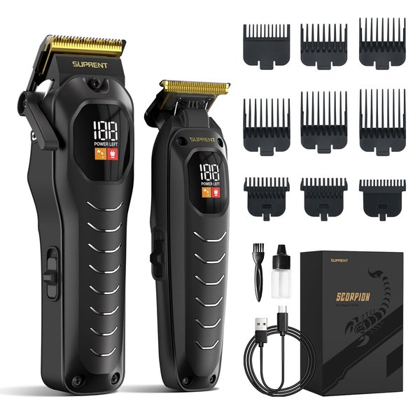 SUPRENT Professional Cordless Hair Clippers for Men- Hair Cutting Kit for Barbers & Family, Wireless Beard Hair Trimmers Set with LED Display, Rechargeable Hair Cutting Machine for Family (Black)