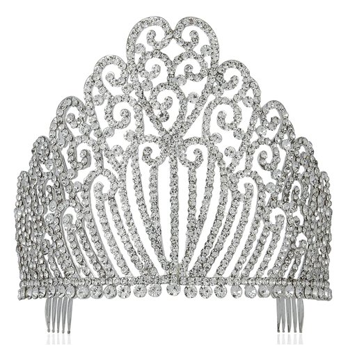 5.25"h Clear White Austrian Crystal Rhinestone Tiara With Hair Combs Crown Headband Headpiece Queen Princess Pageant Party Theater Show Silver T11990