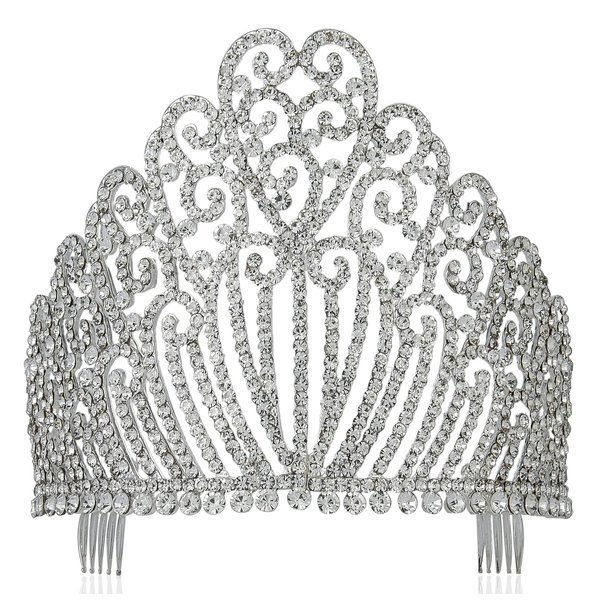 5.25"h Clear White Austrian Crystal Rhinestone Tiara With Hair Combs Crown Headband Headpiece Queen Princess Pageant Party Theater Show Silver T11990