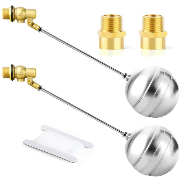 GASHER 2PCS 1/2" 304 Stainless Steel Float Ball Valve with 1/2"G Female x 1/2"NPT Male Adapter, DN15 Adjustable Water Tank Float Ball Valve for Stock Tank Pool Water Level Control