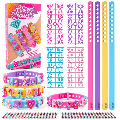 Adjustable Silicone Bracelets for Kids - Letter Rubber Bracelets Wristbands with Rhinestone Stickers & Accessories, Pretend Play Costume Accessories, Girls Boys Party Favors Decoration Birthday Gifts