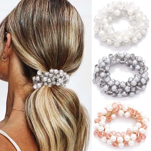 Fashey Pearl Hair Tie Fancy Ponytail Holders Beaded Hair Scrunchies Pearls Hair Accessories for Women（Pack of 3） (Type B)