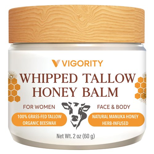 Vigority Beef Tallow and Honey Balm for Women: Organic Grass Fed Whipped Beef Tallow for Skin - Beef Tallow Face Moisturizer Infused with Manuka Honey, Beeswax and Olive Oil - 2 oz, Unscented