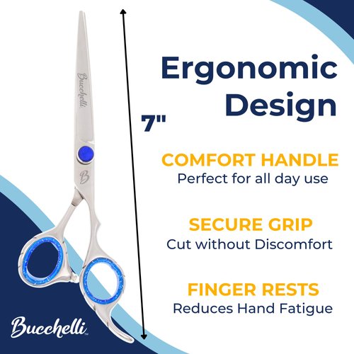 Bucchelli Right Handed Silver Hair Cutting Scissors for Men and Women - 7 inch Japanese Stainless Steel Scissors with Adjustable Tension Knob and Grip Handles - Hair Cutting Shears(7 Inches)