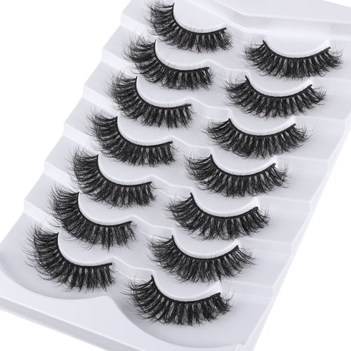 Mebver Lashes Eyelashes 8D Fluffy False Eyelashes Wispy Faux Mink Lashes Light Weight Fake Eyelashes Cat Eye Lashes 7 Pairs Pack