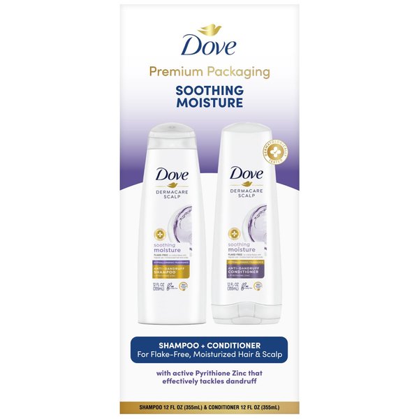 Dove Anti-Dandruff Shampoo and Conditioner Set – Soothing Moisture with Pyrithione Zinc + Sweet Almond Oil for Hair, 12 Oz Ea