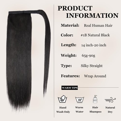 JIAMEISI Ponytail Extension Human Hair Wrap Around Clip in Hair Piece Ponytail Extension Human Hair Straight Ponytail For Black Women with Magic Paste 65G(14 inch, Natural Black #1B)
