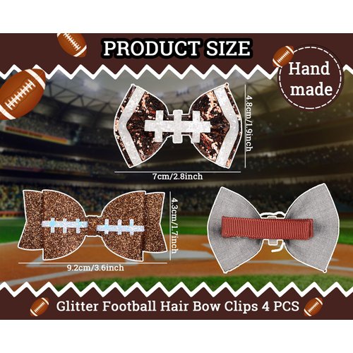 Whaline 4Pcs Glitter Football Hair Bow Clips Brown and White Football PU Leather Hairgrips Sparkly Alligator Clips for Sports Party Hair Accessories