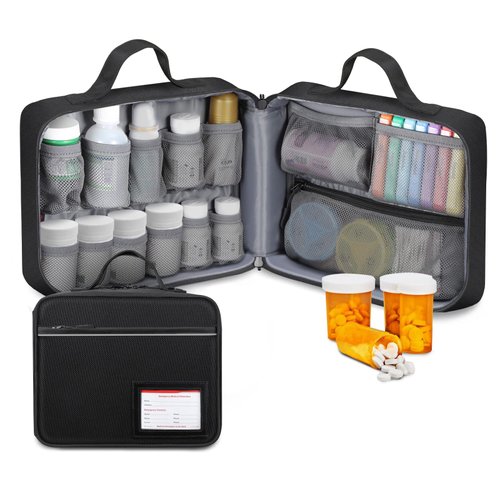 SITHON Pill Bottle Organizer Medicine Storage Bag Medication Travel Carrying Case Manager with Handle, Fixed Pockets for Medications, Vitamins, Medical Supplies, Black
