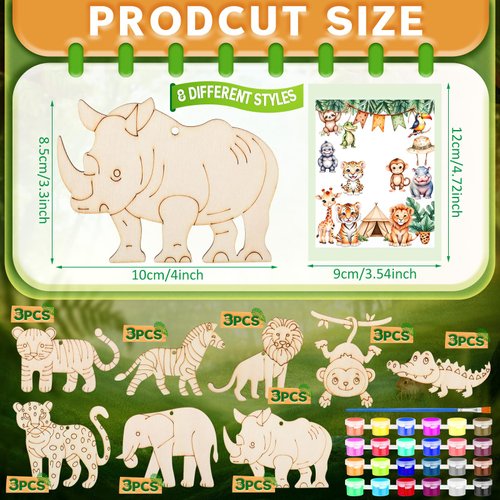 Colingmill 24 Set Safari Party Favors Jungle Craft Kits Supplies DIY Safari Jungle Wooden Painting Kit Wooden Coloring Crafts Wild Animals Birthday Goodie Bags Gifts Prizes