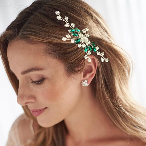 BETITETO Green Bridal Hair Comb Small Wedding White Emerald Crystal Silver Vine Hair Piece Accessories for Women Girls