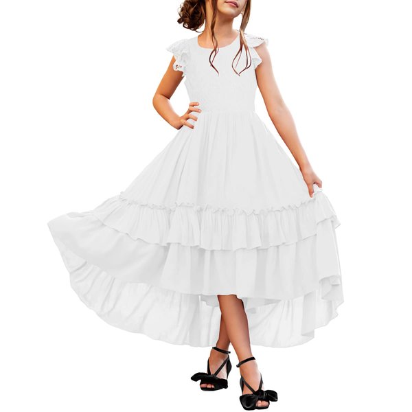 HOSIKA Girls Lace Boho Flower Girl Dress Ruffle Sleeve A-Line Formal Dresses for Wedding Party 6-12 Years White XL