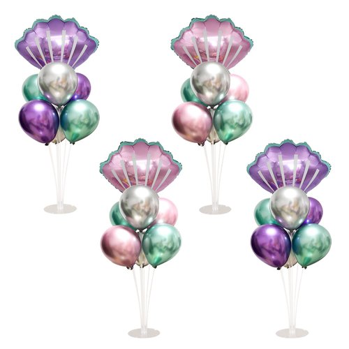 Mermaid Table Centerpiece Balloons Stand Kit 4 Sets with 4 Sea Shells Foil Balloons 24 Purple Blue Latex Balloons for Birthday Beach Mermaid Theme Sea Theme Party Mermaid Birthday Decorations