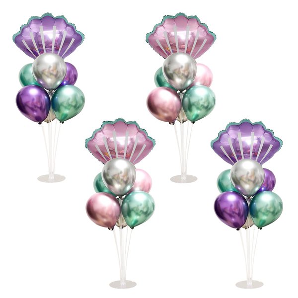 Mermaid Table Centerpiece Balloons Stand Kit 4 Sets with 4 Sea Shells Foil Balloons 24 Purple Blue Latex Balloons for Birthday Beach Mermaid Theme Sea Theme Party Mermaid Birthday Decorations