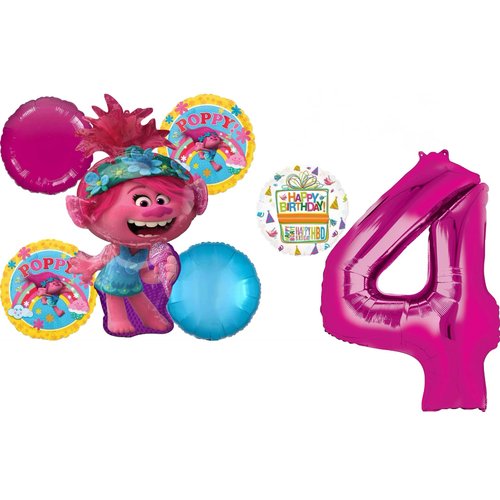 Poppy World Tour 4th Birthday Party Supplies Trolls 7pc Balloon Bouquet Decorations