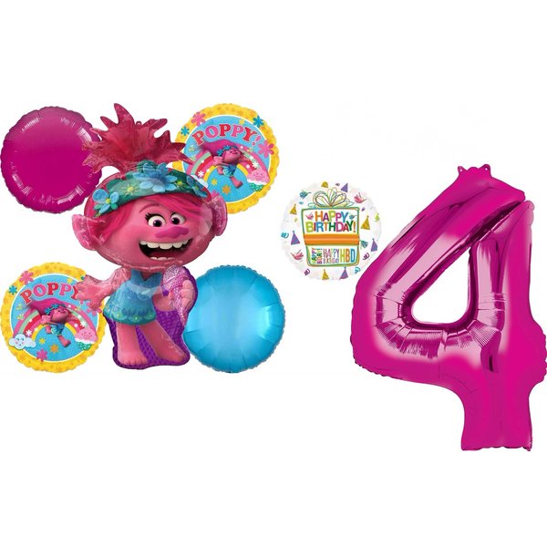 Poppy World Tour 4th Birthday Party Supplies Trolls 7pc Balloon Bouquet Decorations