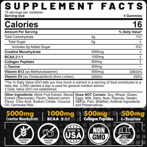 Creatine Monohydrate Gummies 5g for Men & Women, 7000mg with BCAA, Collagen Peptides, L-Taurine, Vitamin B12, D3, Chewables Creatine for Muscle, Delicious Natural Lemon Flavor, Sugar Free, 2 Pack