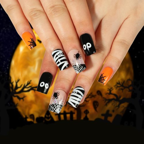 Hallowee Press on Nails Medium Fake Nails French False Nails with Black Spider&White Spider Web Ghost Eyes Designs Acrylic Nails Glossy Yellow Full Cover Stick on Nails for Women Manicure 24Pcs