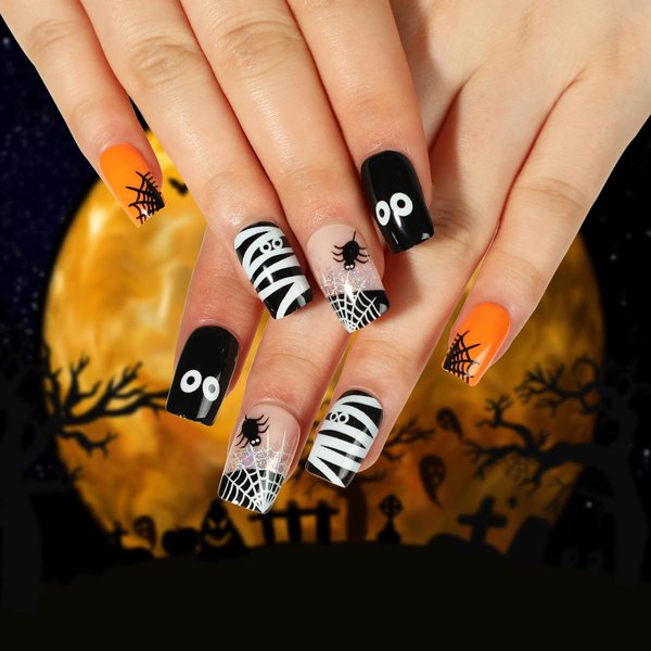 Hallowee Press on Nails Medium Fake Nails French False Nails with Black Spider&White Spider Web Ghost Eyes Designs Acrylic Nails Glossy Yellow Full Cover Stick on Nails for Women Manicure 24Pcs