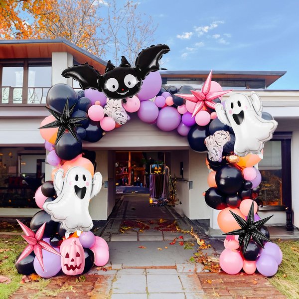 122 PCS Two spooky Halloween Balloon Garland Arch Kit Pink Black Purple with Cute Bat Ghost mylar foil Balloons for Girls Happy Birthday Baby Shower Horror Birthday BOO Day Party Supplies Decorations