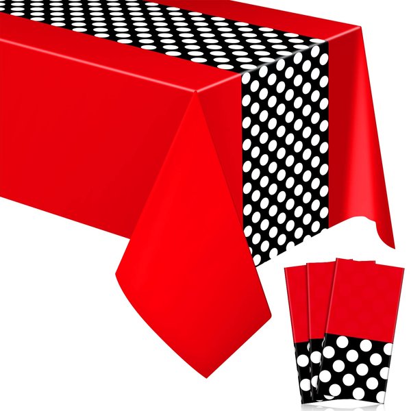 Irenare 3 Pcs Mouse Birthday Party Supplies Christmas Tablecloth Mouse Theme Baby Shower Decorations Plastic Table Cover Polka Dot Tablecloth Lady Bug Party Decorations, 54 x 108 Inch(Red)
