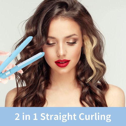 Mini Curling Iron, Mini Dual Purpose Curling Iron, Mini Straightener, 2 in 1 Mini Flat Iron for Short Hair Ceramic Flat Iron Tourmaline Plate Curler Beauty Heating Curler Hair Styling Tool (Blue)