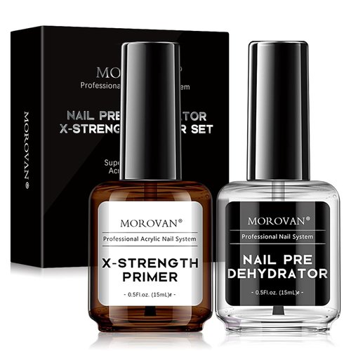 Morovan Nail Primer and Dehydrator for Acrylic Nails, Professional 2 Pcs No Burn Fast Air Dry Nail Prep Dehydrator and X-Strength Primer Natural, Acrylic Powder Application (0.5Fl oz)