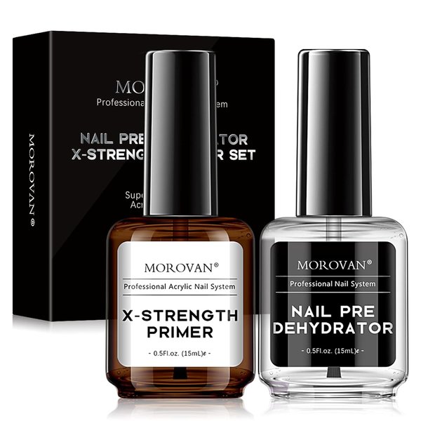 Morovan Nail Primer and Dehydrator for Acrylic Nails, Professional 2 Pcs No Burn Fast Air Dry Nail Prep Dehydrator and X-Strength Primer Natural, Acrylic Powder Application (0.5Fl oz)