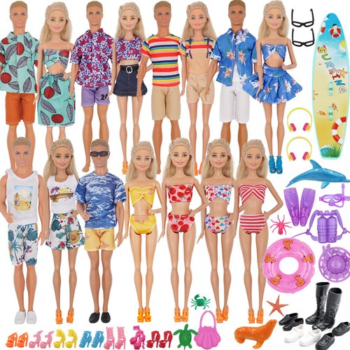 ZTWEDEN 89Pcs Doll Clothes and Accessories for 12 Inch Boy Doll and 11.5 Inch Girl Doll Includes 32 Seaside Wear Clothes Bikini Marine Animal Surfboard Diving Swimming Sets 19 Pairs Shoes for Doll