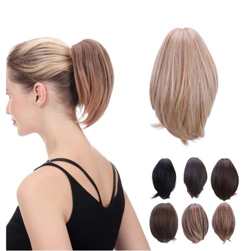 JUVABUN 7" Straight Claw Clip In Ponytail Hair Extensions - Medium Blonde | Ponytail Extension Human Hair | Hair Extensions for Women & Men | Washable, Realistic And Synthetic | Medium Blonde