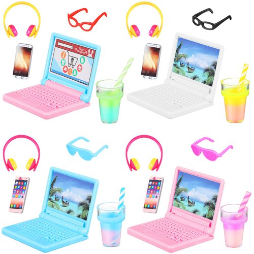 20 Pieces Dollhouse Accessories Doll Travel Accessories Mini Laptop Computer Phone Toy Miniature Glasses Headset Drink Toys Plastic Doll Accessories for Dolls (Cute Style)