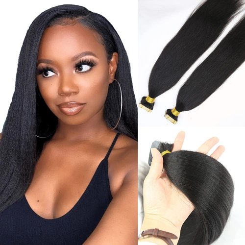 Y WIGS 40 Pieces Yaki Straight Tape In Hair Extensions Real Human Hair Remy Tape In Extensions 100g 16" NC(Natural Brown)