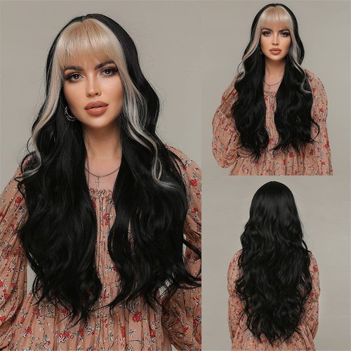 ISHINE Black Wigs for Women, Long Wavy Curly Wigs with Bangs, No Lace Colored Wigs with Bangs, Ombre Blonde to Black Wig, Synthetic Wigs for Daily Cosplay Party Replacement 24inch